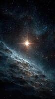 Bright celestial star shines over dark cosmic landscape filled with sparkling stars and nebulae photo