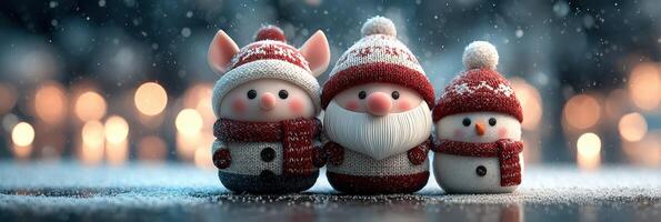 Charming winter decorations featuring a snowman, Santa Claus, and a pig with festive hats in a snowy setting photo