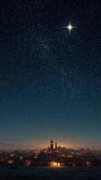 City skyline illuminated by stars and a bright star over a tranquil evening landscape photo