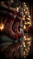 Cozy Christmas stockings hang by the fireplace with a decorated tree glowing softly in the background photo