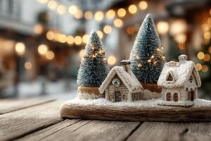 Winter decorative village with snow-covered houses and lighted trees in a festive setting photo
