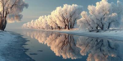 Frosty winter morning reveals serene river surrounded by snow-covered trees reflecting in tranquil water photo