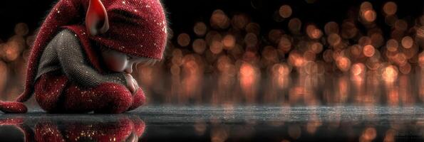 Little elf sitting quietly on a reflective surface, surrounded by warm glowing lights during winter evening photo