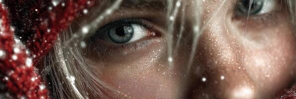 Close-up of a person with striking blue eyes surrounded by snowflakes and winter scenery during a snowy day photo