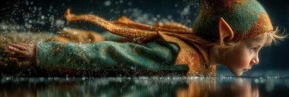 Child in a green and orange costume gliding on water with playful expression in a magical setting photo