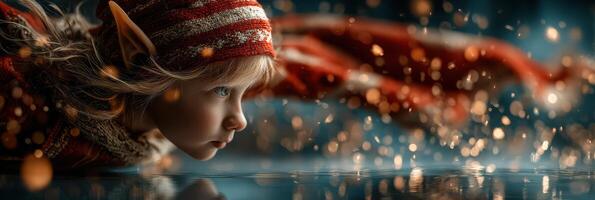 Young elf child focused on flying through a magical, sparkling environment with an adventurous spirit during a fantasy-themed event photo