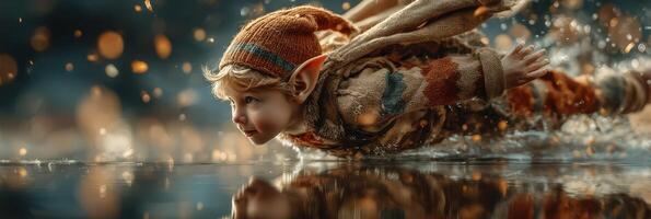 Child dressed as a fantasy creature glides across water during a magical outdoor event at sunset photo