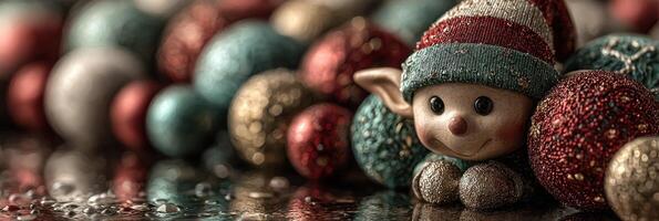 Decorative Christmas elf with glittering ornaments arranged together during the holiday season photo