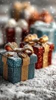 Glittering holiday gifts covered in snow create a festive atmosphere in a winter setting photo