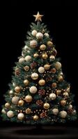Elegant Christmas tree adorned with golden ornaments and warm lights in a dark setting photo