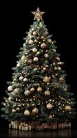 Elegant Christmas tree adorned with golden ornaments and warm lights ready for the festive season photo