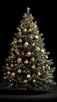 Beautifully decorated Christmas tree with golden ornaments and warm lights against a dark background photo