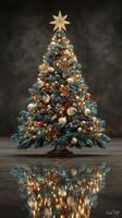 Beautifully decorated Christmas tree with shimmering lights and ornaments in cozy indoor setting during holiday season photo