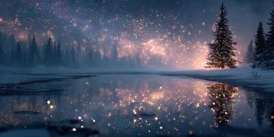 Winter landscape with a starry night sky reflecting on a tranquil river photo