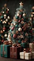 Decorated Christmas tree with gifts in a cozy setting, perfect for holiday celebrations and joyful gatherings photo