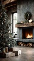 Cozy Christmas setting with a decorated tree, presents, and a warm fireplace in a modern living room photo