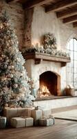 Cozy winter scene with decorated tree and fireplace in a charming living room during the holiday season photo