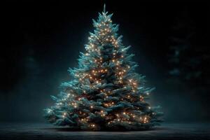 Festive Christmas tree illuminated with warm lights in a dark setting, creating a cozy holiday atmosphere photo