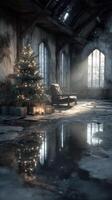 Winter ambiance in an abandoned building with a decorated Christmas tree and old armchair photo