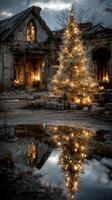 Twinkling Christmas tree and gifts near an abandoned building at dusk photo