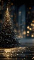 Festive Christmas tree adorned with sparkling lights in a cozy winter setting during the holiday season photo