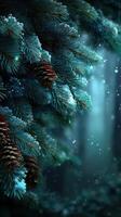 Snow-covered pine branches with pine cones in a tranquil forest setting during winter photo