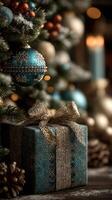 Decorative gift box placed near a beautifully adorned Christmas tree with glowing lights and ornaments photo