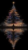 Brightly lit Christmas tree with sparkling decorations and reflection in water at night in a serene winter landscape photo