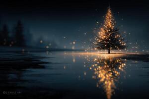 Christmas tree adorned with sparkling lights reflecting in a tranquil winter landscape at night photo