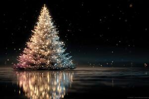Sparkling Christmas tree illuminated in a dark, serene setting with reflections on the surface photo