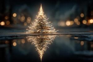 Holiday spirit shines bright with a beautifully lit Christmas tree reflected in water at night photo