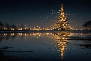Sparkling Christmas tree reflection in a winter park illuminated by festive lights at night photo