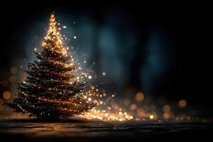 Magical illuminated Christmas tree with sparkling lights in a serene winter setting at night photo