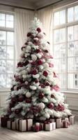 Elegant white and burgundy Christmas tree adorned with ornaments and gifts in a cozy living room photo
