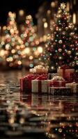 Festive Christmas tree decorated with lights and presents displayed near a storefront in a city during the holiday season photo