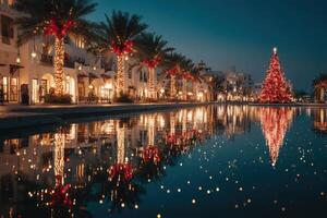 Holiday lights illuminate waterfront area with a grand Christmas tree and palm trees in an evening setting photo