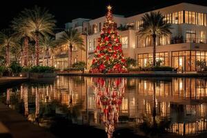 Festive holiday decorations with a large Christmas tree reflecting in water at a charming plaza during a winter evening photo