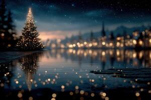 Festive Christmas tree sparkling by the water under a starry night sky in a serene winter landscape photo