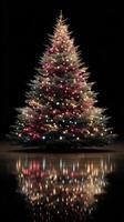 Christmas tree illuminated with colorful lights reflecting on polished floor in dark setting photo