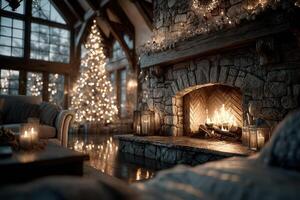 Cozy winter evening by the fireplace with a beautifully decorated Christmas tree in a rustic living room photo