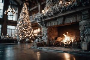 Cozy fireplace warming a rustic lodge during the festive winter season with decorated tree and soft lights photo