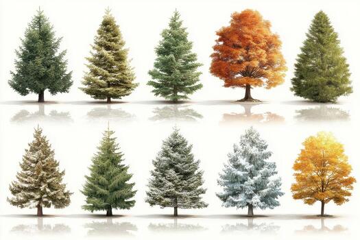 Seasonal transformations of trees showcasing spring to winter in an artistic arrangement with vibrant colors photo