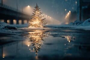 Winter night scene featuring a lit Christmas tree reflected in a puddle beside an urban street photo