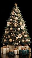 Elegant Christmas tree adorned with gold ornaments and gifts under soft lights at holiday celebration photo