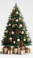 Elegant Christmas tree decorated with gold ornaments and gifts at home during festive holiday season photo