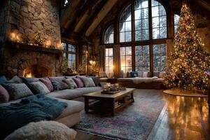 Cozy winter living room with a decorated Christmas tree and warm lighting in a rustic cabin setting photo