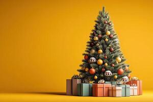 Brightly decorated Christmas tree with colorful ornaments and wrapped gifts in festive display photo