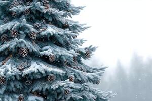Frost-covered evergreen tree adorned with pinecones in a winter landscape during snowfall photo