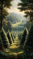 Serene view of a lush evergreen farm with a rustic barn nestled among the trees during early morning light photo