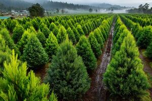 Lush greenery fills a vibrant tree farm during early morning mist in a serene rural setting photo